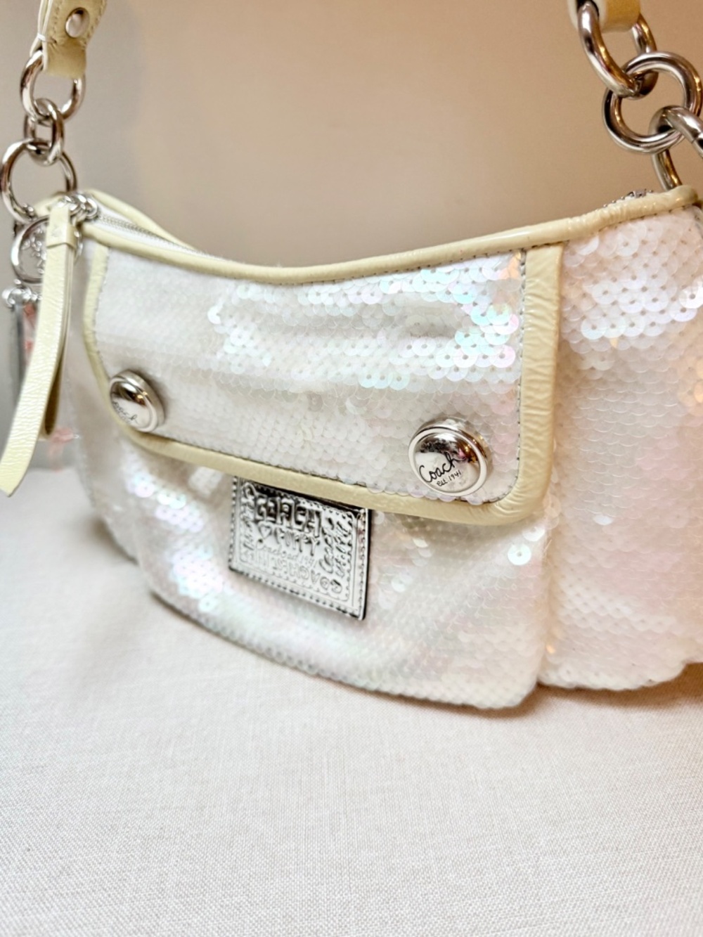 Coach Poppy White Sequin Bag Purse With Attached Charms Clean and Like New - Picture 9 of 15
